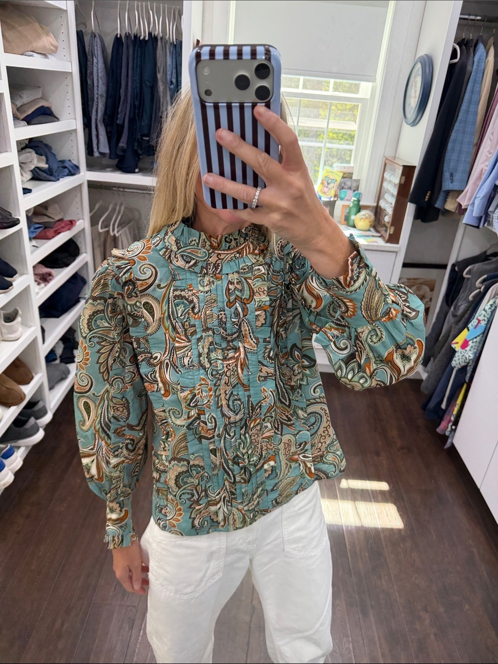 Avara Paisley Puffed Sleeve Blouse in Teal and Brown XS